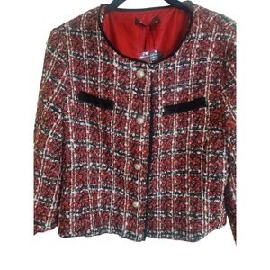 Allegra K Womens Red Plaid Tweed Cropped Jacket Pearl Button Velvet Trim Size M